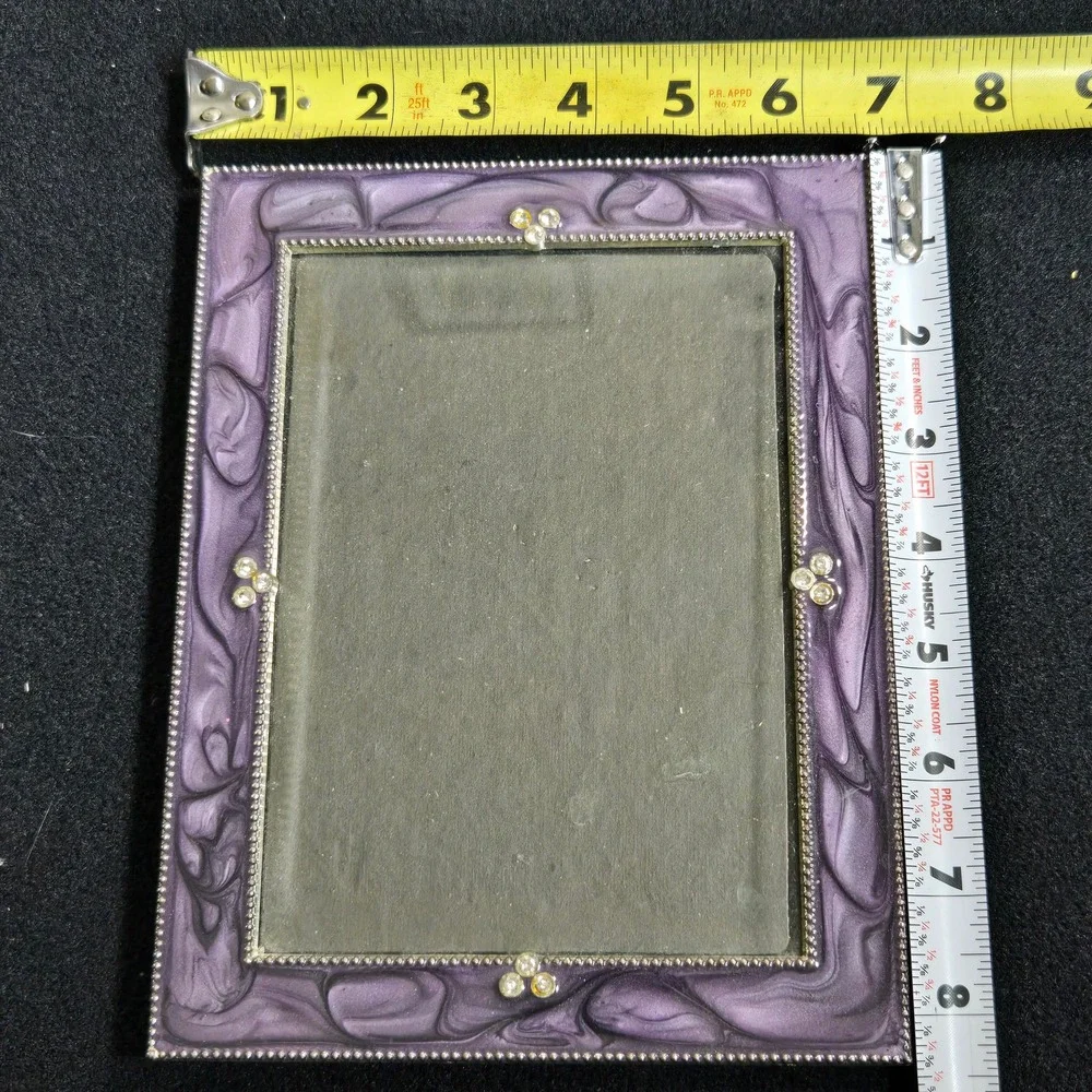 Purple Marbled Enamel Picture Frame Silver Beaded Rhinestone 5x7 Tabletop Decor